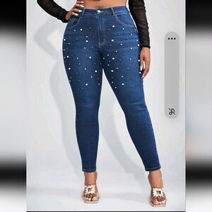 Women's Blue Pearl-Embellished Jeans 1X